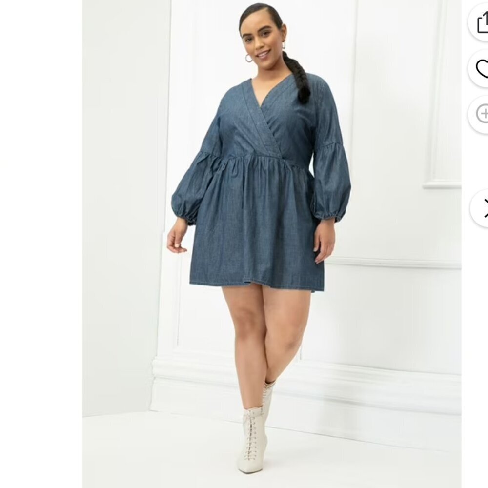 Eloquii Women's Plus Size Balloon Sleeve Dress Chambray Size 18/20